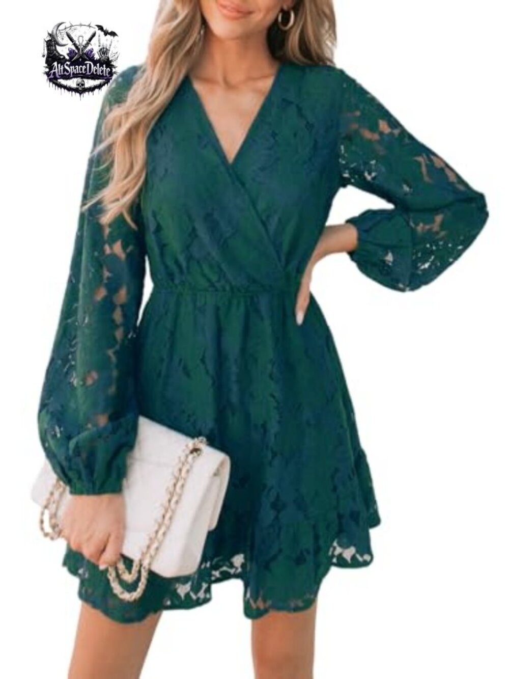 Lace Peasant Sleeve A-Line Mini Dress V-Neck High Waist